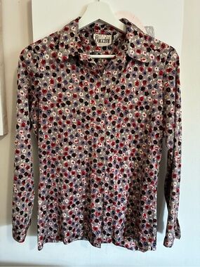 Puccini Women's Floral Button-Down Shirt in Tan with Red & Purple Accents